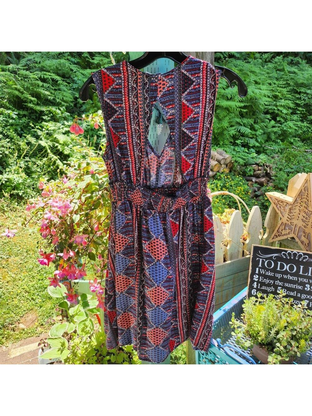 Boho Print Dress Sleeveless Mini Dress Casual Summer Dress Roxy Keyhole Back